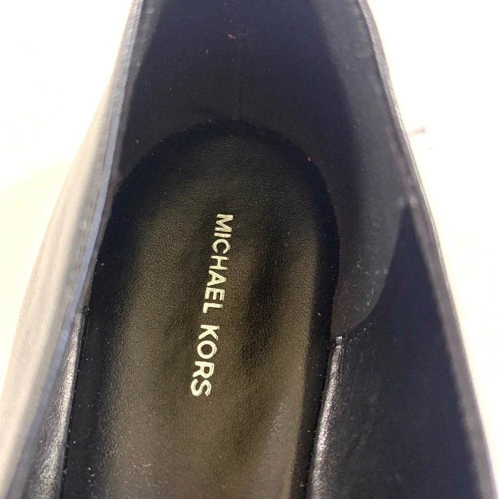 Michael Kors Mandy Black Leather Cap Toe Ballet Flats Silver MK Logo Shoes 10.5